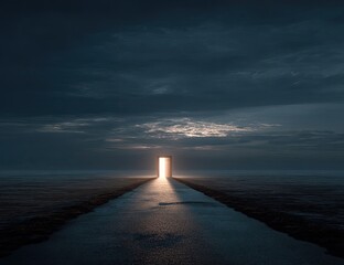 A road leading to a luminous doorway in a dark, overcast landscape