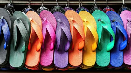 Colorful Rainbow Flip Flops Displayed Hanging in a Row at a Market or Shop in Sunny Weather