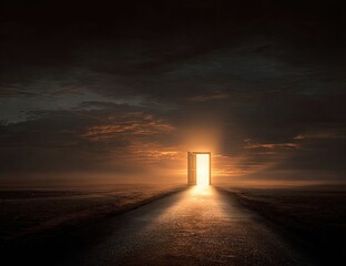 Open door in a vast landscape at sunset