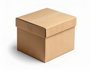 Cardboard Box's Subtle Essence: A simple, unadorned cardboard box, sealed with tape, stands alone. It embodies a powerful symbol of commerce, ready for transport, its surface subtly textured.