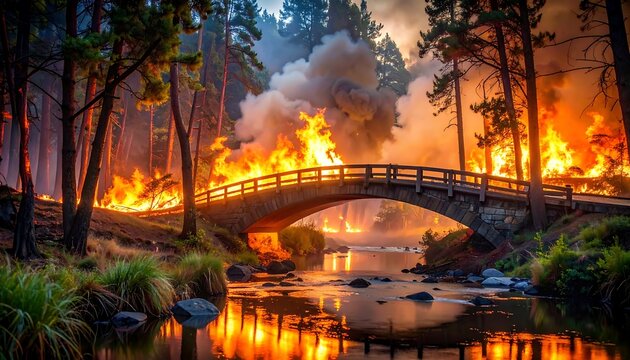 Forest fire ravages a stone bridge over a tranquil river
