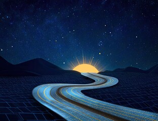 Winding road leading to sunrise over a digital landscape under a night sky