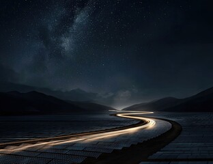 Starry night road through solar farm