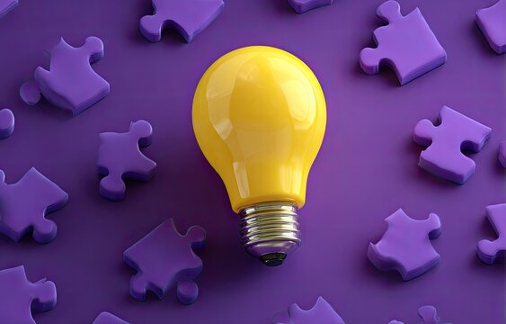 Bright yellow lightbulb amidst purple puzzle pieces
