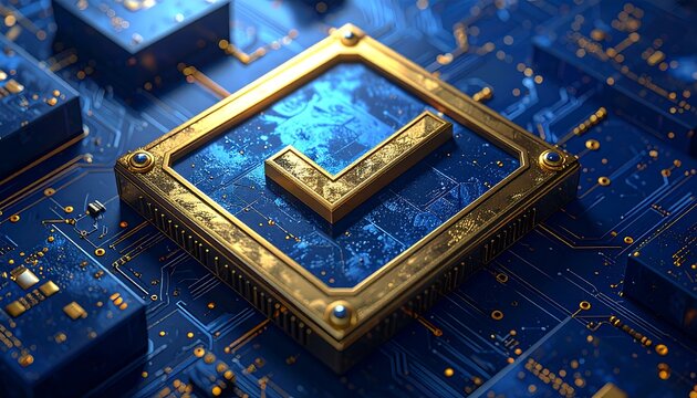 Golden checkmark on a circuit board
