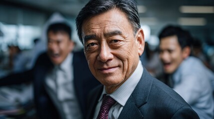 Man in a suit smiling calmly while documents fly chaotically around him and others. Conceptual image of stress relief, control, and efficiency.