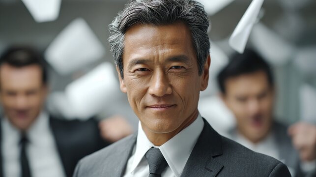 Executive standing in the office with two colleagues and scattered papers in the background. Illustrating teamwork, dynamic corporate life, and collaboration.