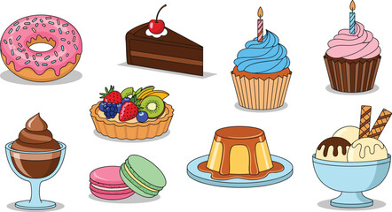 Cartoon Dessert Vector Set with Donuts, Cupcakes, Tarts, Ice Cream, Macarons, and Pudding – Colorful Sweet Food Illustration