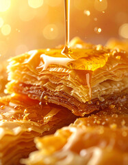 Baklava with honey drizzle and golden crispy layers close-up