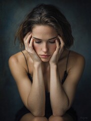 Dark, atmospheric portrait of a sad young woman with her head leaning on her hands. Depression, sorrow, or internal emotional pain.
