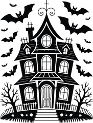 Fototapeta premium Spooky haunted house silhouette with flying bats