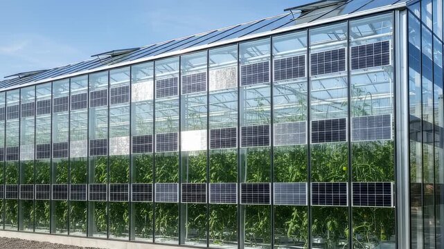 Medium shot highlighting bifacial solar panels on greenhouse walls reflecting sunlight to optimize energy harvest while maintaining ideal plant light conditions indoors.