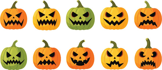 Collection of scary halloween pumpkin faces jackolanterns with various expressions for spooky season