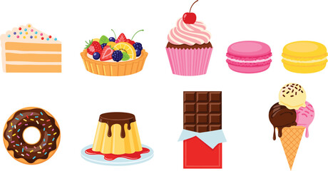 Colorful Assorted Desserts Collection Featuring Cakes, Cupcakes, Macarons, Donuts, Ice Cream, Chocolate, and Fruit Tarts for Sweet Food Concepts