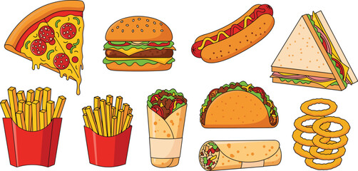 Cartoon Silhouettes of Popular Fast Food Items Including Pizza, Burger, Hot Dog, Sandwich, Fries, Taco, Burrito, Wrap, and Onion Rings