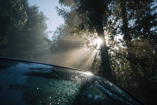 Misty forest sunrise through car windshield - Powered by Adobe