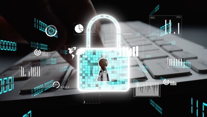 A vibrant digital illustration of a lock symbol over a laptop keyboard, showcasing concepts of cyber security and data protection in the digital age. Xenic