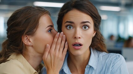 Two young females sharing a whispered message or opinion with an expressive reaction. Word of mouth, public opinion, or spreading information.