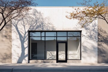 Modern storefront with tree shadows (1)
