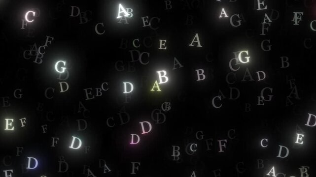 Vibrant Glowing Letters Abcdefg Floating In Cyber Space  Digital Education, Data Science  Technology Background Loop, Dynamic Flow Of Glowing Alphabet Letters A G On Dark Background Abstract Digital 