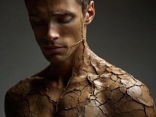 Emotional portrait of a man with closed eyes and his skin covered in a pattern of cracks. Vulnerability, stress, or feeling of being broken and fragile.