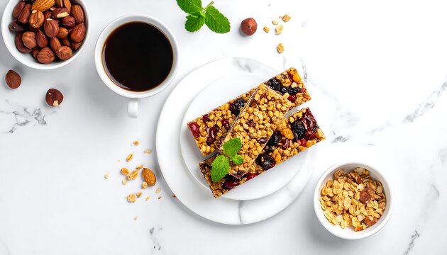 Healthy granola bars with nuts and dried fruit, coffee, and mint - Powered by Adobe