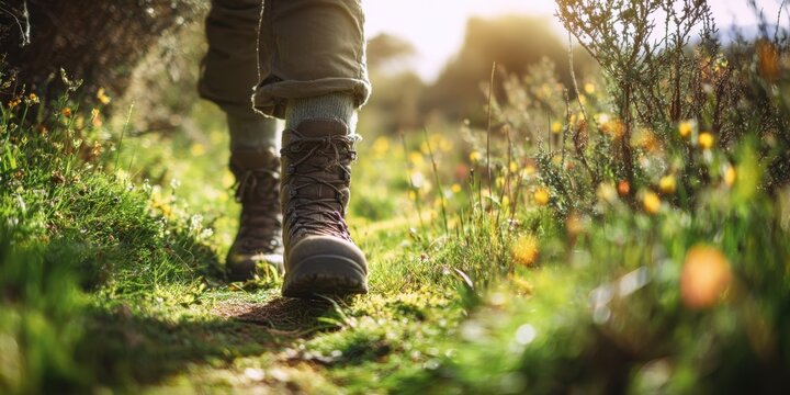 The hiking boots on a sunlit wildflower trail at golden hour - Powered by Adobe
