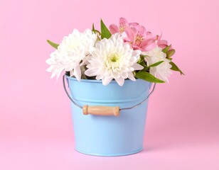 Fototapeta premium A pastel blue bucket filled with white and pink flowers