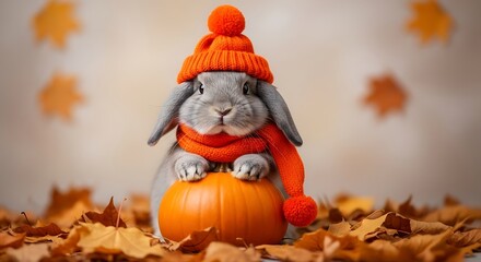 Adorable Baby Bunny in Autumnal Outfit with Pumpkin