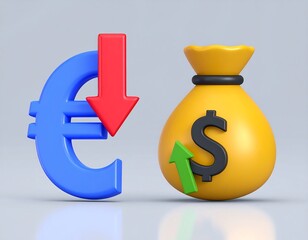3D render of euro and dollar symbols with contrasting arrows