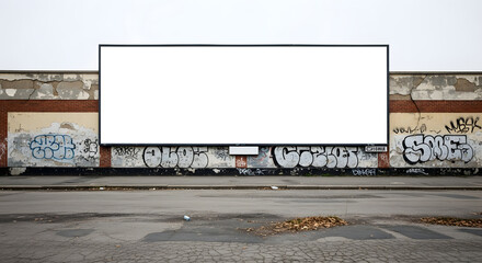 Blank billboard in an urban setting with graffiti on the wall