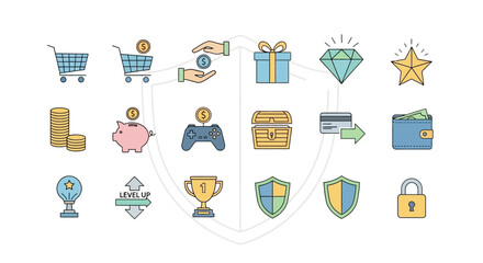 Collection of colorful e-commerce and finance icons on a white background.