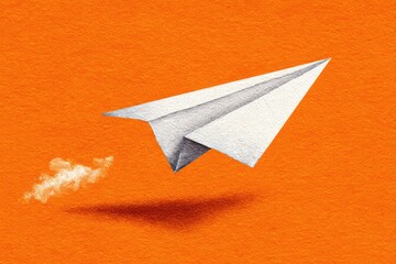 Paper airplane in flight on orange background