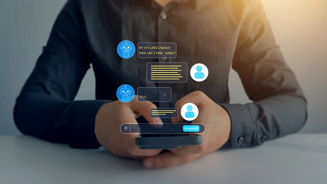 Man conversing with a chatbot.Ai bot service of documents, marketing,education,business,bot writing and coding.AI assistant chat.Interaction with the Ai assistant to solve some tasks more easily.	