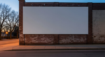 Blank large outdoor billboard on brick building wall at dusk