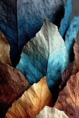 Vibrant abstract tapestry of layered autumn leaves in rich earthy and oceanic blue tones, showcasing natural textures and organic beauty