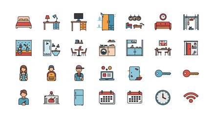 Fototapeta premium Collection of colorful hotel and accommodation related icons.