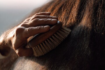 A hand brushing a horse's coat in sunlight