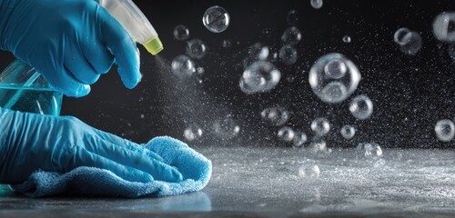 Person cleaning surface with spray bottle and cloth