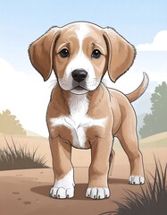 Cute puppy standing in a landscape