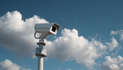 Security camera on a pole against a partly cloudy sky