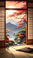 Autumnal view through a traditional Japanese sliding door