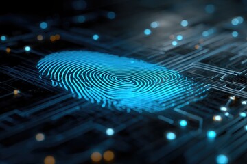 A glowing blue fingerprint graphic on a circuit board