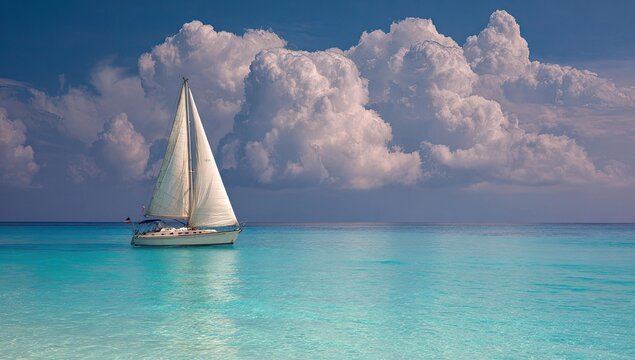 Sailboat on placid turquoise water under a dramatic sky - Powered by Adobe