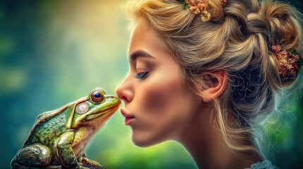 A beautiful woman tenderly kisses a large green frog in a fairytale scene, dreaming of transformation.
