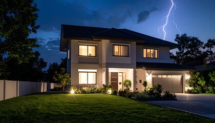 Modern house at night with lightning