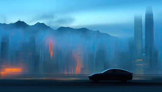 Futuristic city skyline at twilight