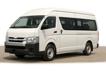White passenger van with high roof on a light brown surface
