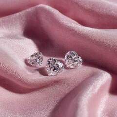 Three heart-shaped diamonds on pink velvet