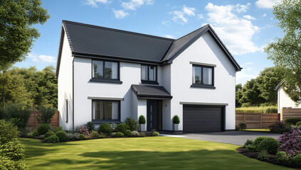 White modern home with black roof and large garage. Spacious yard, big windows, elegant look. Perfect place for comfort and style.